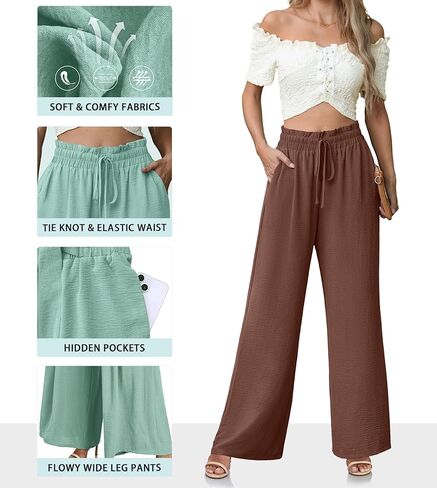 Women's High Waisted Wide Leg Pants Flowy Palazzo Pants Work Casual Tie Knot Pants with Pockets in Kuwait