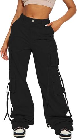 Women Y2k High Waisted Straight Leg Relaxed Fit Cargo Pants with 6 Pockets Streetwear Concert Dance Outfit in Kuwait