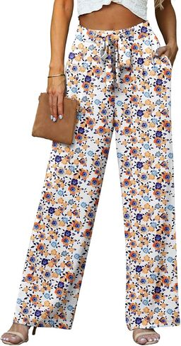 Lepunuo Women's High Waisted Wide Leg Flowy Pants Casual Palazzo Pants Work Adjustable Tie Knot Pants with Pockets in Kuwait