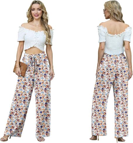 Lepunuo Women's High Waisted Wide Leg Flowy Pants Casual Palazzo Pants Work Adjustable Tie Knot Pants with Pockets in Kuwait
