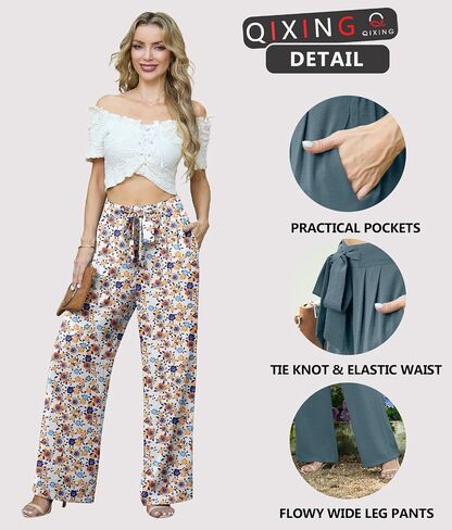 Lepunuo Women's High Waisted Wide Leg Flowy Pants Casual Palazzo Pants Work Adjustable Tie Knot Pants with Pockets in Kuwait