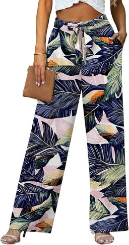 Lepunuo Women's High Waisted Wide Leg Flowy Pants Casual Palazzo Pants Work Adjustable Tie Knot Pants with Pockets in Kuwait