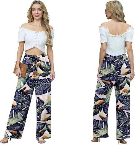 Lepunuo Women's High Waisted Wide Leg Flowy Pants Casual Palazzo Pants Work Adjustable Tie Knot Pants with Pockets in Kuwait