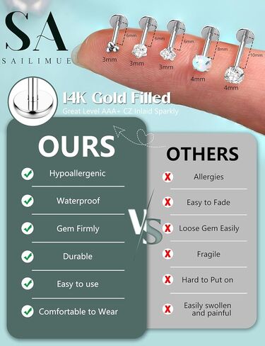 SAILIMUE 14K Gold Filled Threadless Nose Rings Studs - 20G 18G 16G Nose Rings for Women Men Hypoallergenic Surgical Steel Threadless Flat Back Earrings Nose Nostril Medusa Helix Tragus Piercing Jewelry Small Push in Flat Back Nose Studs in Saudi Arabia