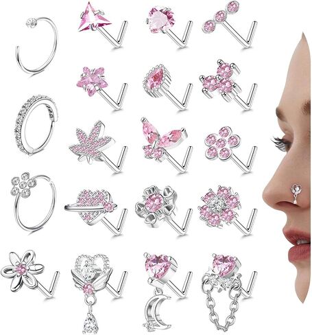 Drperfect Nose Rings L Shaped Nose Studs Ring Hypoallergenic Stainless Steel Nose Ring-Dangle CZ Butterfly Flower Nose Studs Hoops Piercings Jewelry Gift for Women Men 20G Pink/Blue/Clear in Saudi Arabia