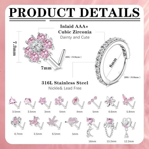 Drperfect Nose Rings L Shaped Nose Studs Ring Hypoallergenic Stainless Steel Nose Ring-Dangle CZ Butterfly Flower Nose Studs Hoops Piercings Jewelry Gift for Women Men 20G Pink/Blue/Clear in Saudi Arabia