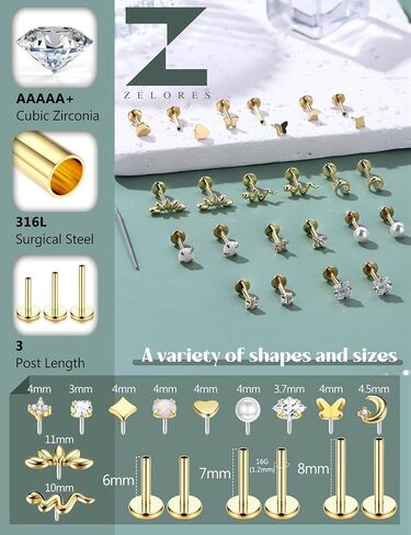 20G/16G Threadless Flat Back Earrings for Women 316L Surgical Steel Push in CZ Cartilage Stud Earrings Hypoallergenic Nose Rings Studs Conch Tragus Body Piercing Jewelry 6mm 7mm 8mm Length in Saudi Arabia