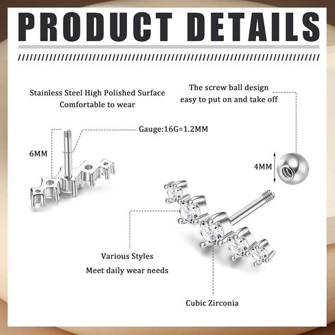Besteel Hypoallergenic Cartilage Earrings for Women - Surgical Stainless Steel Earrings for Sensitive Ears 16G Stud Cartilage Earring Sets for Multiple Piercing Helix Conch Tragus Piercing Jewelry in Saudi Arabia