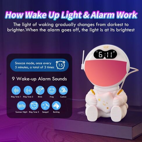 Astronaut Kids Sunrise Alarm Clock, 7 Dimmable Light Wake Clock for Teens, White Noise Bluetooth Speaker with 9 Soothing Sounds, Best Modern Alarm Clock for Heavy Sleepers, Adults, Boys in Bedroom in Saudi Arabia