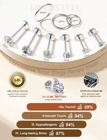 20G/18G حلقات الأنف حلقات أنف للنساء الرجال - 14K مملوءة بالذهب مسطح الأزرار أنف خاتم الأنف الأطواق ذات الصلب الجراحي لجراحة الفولاذ. in Kuwait