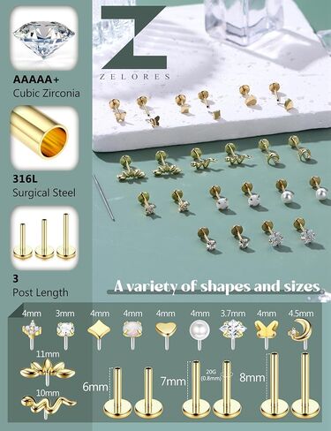 20G/16G Threadless Flat Back Earrings for Women 316L Surgical Steel Push in CZ Cartilage Stud Earrings Hypoallergenic Nose Rings Studs Conch Tragus Body Piercing Jewelry 6mm 7mm 8mm Length in Saudi Arabia