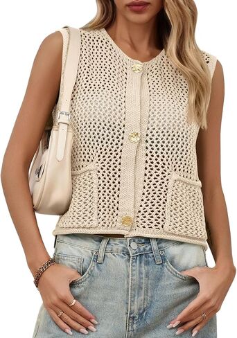 Saodimallsu Womens Crochet سترة سترة زر أسفل الطاقم بلا أكمام الرقبة بوهو متماسكة خزان المحصول قمم صيفية صيف كارديجان in Kuwait