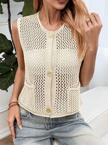 Saodimallsu Womens Crochet سترة سترة زر أسفل الطاقم بلا أكمام الرقبة بوهو متماسكة خزان المحصول قمم صيفية صيف كارديجان in Kuwait