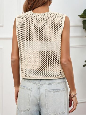 Saodimallsu Womens Crochet سترة سترة زر أسفل الطاقم بلا أكمام الرقبة بوهو متماسكة خزان المحصول قمم صيفية صيف كارديجان in Kuwait