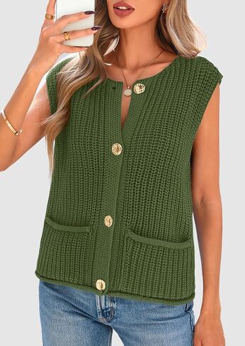 PRETTYGARDEN Women's Summer Sweaters Vest 2025 Sleeveless Button Down Cropped Pockets Chunky Knit Cardigan Trendy Tank Tops in Kuwait