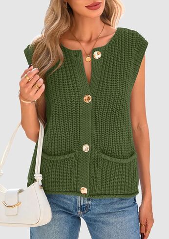 PRETTYGARDEN Women's Summer Sweaters Vest 2025 Sleeveless Button Down Cropped Pockets Chunky Knit Cardigan Trendy Tank Tops in Kuwait