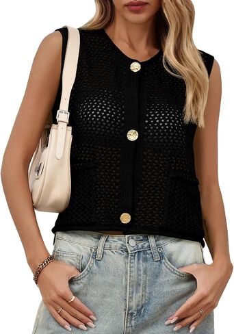 Saodimallsu Womens Crochet Sweater Vest Button Down Sleeveless Crew Neck Boho Knit Crop Tank Tops Summer Cardigans in Kuwait
