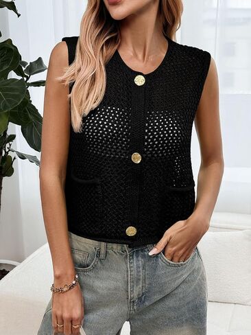 Saodimallsu Womens Crochet Sweater Vest Button Down Sleeveless Crew Neck Boho Knit Crop Tank Tops Summer Cardigans in Kuwait