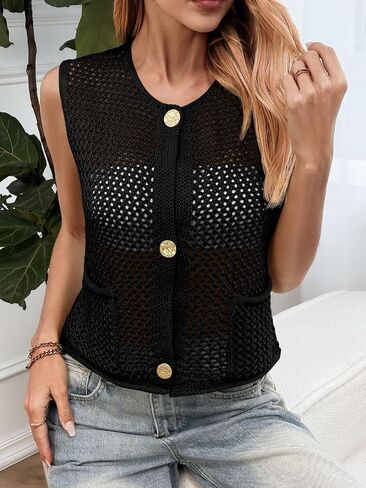 Saodimallsu Womens Crochet Sweater Vest Button Down Sleeveless Crew Neck Boho Knit Crop Tank Tops Summer Cardigans in Kuwait