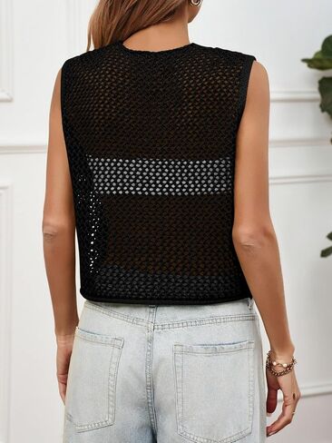 Saodimallsu Womens Crochet Sweater Vest Button Down Sleeveless Crew Neck Boho Knit Crop Tank Tops Summer Cardigans in Kuwait