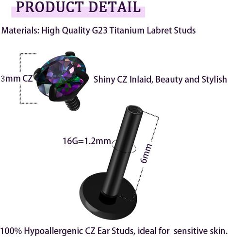 16G 18G Titanium Internal Thread CZ CZ STUD أقراط مسطحة ، سوداء سوداء تراغوس هولكس المحارة المجوهرات الثابتة للنساء 6 مم 8 مم 10 مم لابريت الأزرار 2pcs in Kuwait