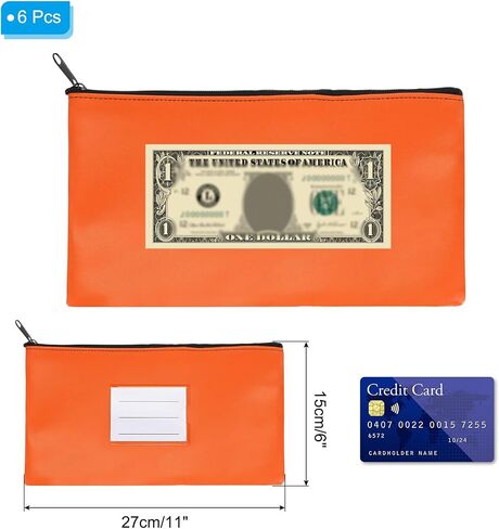 PATIKIL 11x6" Money Bank Deposit Bag with Zipper, 6 Pcs Leatherette Coin Check Wallet Pen Pouch Bag with Clear Window for Office Travel, Orange in Kuwait