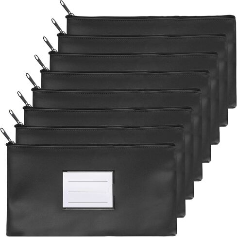 PATIKIL 11x6" Money Bank Deposit Bag with Zipper, 8 Pcs Leatherette Coin Check Wallet Pen Pouch Bag with Clear Window for Office Travel, Black in Kuwait