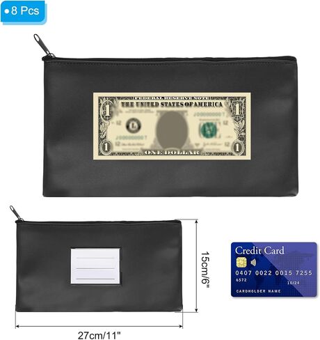 PATIKIL 11x6" Money Bank Deposit Bag with Zipper, 8 Pcs Leatherette Coin Check Wallet Pen Pouch Bag with Clear Window for Office Travel, Black in Kuwait