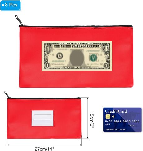 PATIKIL 11x6" Money Bank Deposit Bag with Zipper, 8 Pcs Leatherette Coin Check Wallet Pen Pouch Bag with Clear Window for Office Travel, Black in Kuwait