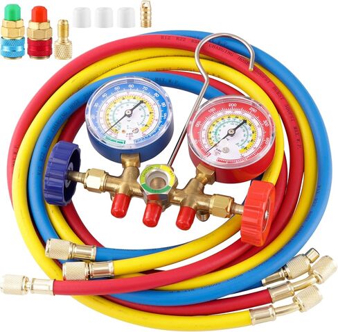 3 Way AC Manifold Gauge Set, 5FT Diagnostic Manifold Freon Gauge Set with High and Low R134A Quick Couple Adapter, Refrigerant Tank Adapter for R410A R134A R22 R12 HVAC System in Kuwait