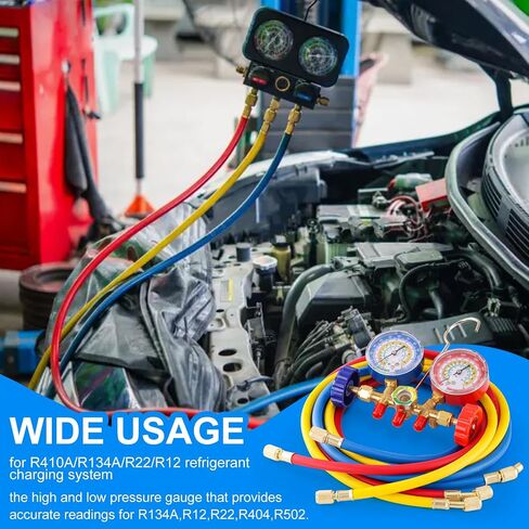 3 Way AC Manifold Gauge Set, 5FT Diagnostic Manifold Freon Gauge Set with High and Low R134A Quick Couple Adapter, Refrigerant Tank Adapter for R410A R134A R22 R12 HVAC System in Kuwait