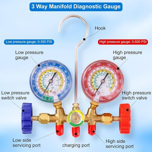 3 Way AC Manifold Gauge Set, 5FT Diagnostic Manifold Freon Gauge Set with High and Low R134A Quick Couple Adapter, Refrigerant Tank Adapter for R410A R134A R22 R12 HVAC System in Kuwait