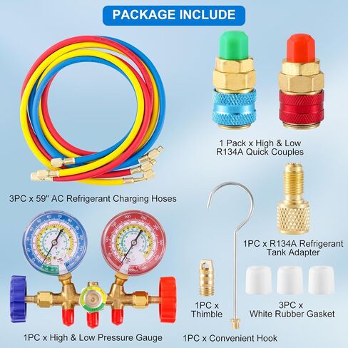 3 Way AC Manifold Gauge Set, 5FT Diagnostic Manifold Freon Gauge Set with High and Low R134A Quick Couple Adapter, Refrigerant Tank Adapter for R410A R134A R22 R12 HVAC System in Kuwait