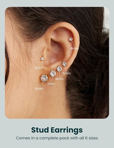 6 Pairs Stud Earrings Set, Hypoallergenic Cubic Zirconia 316L Earrings Stainless Steel CZ Earrings 3-8mm in Saudi Arabia