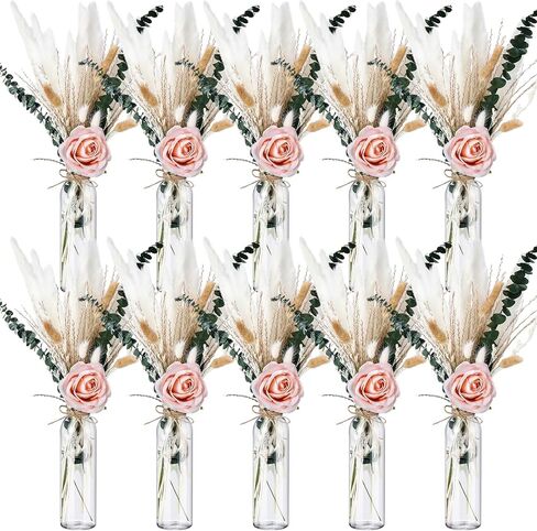 10 Set Dried Pampas Grass Centerpiece for Wedding 10 Clear Glass Jars 10 Artificial Roses 80 Dried Pampas Grass with Rope for Baby Shower Rustic Bridal Party Farmhouse Decoration (Champagne) in Kuwait
