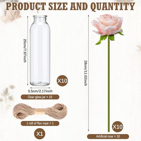 10 Set Dried Pampas Grass Centerpiece for Wedding 10 Clear Glass Jars 10 Artificial Roses 80 Dried Pampas Grass with Rope for Baby Shower Rustic Bridal Party Farmhouse Decoration (Champagne) in Kuwait