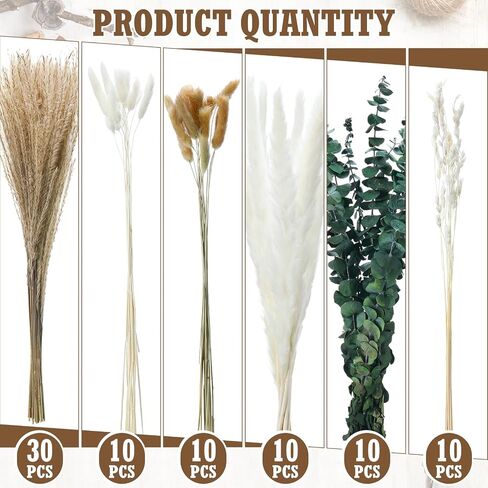 10 Set Dried Pampas Grass Centerpiece for Wedding 10 Clear Glass Jars 10 Artificial Roses 80 Dried Pampas Grass with Rope for Baby Shower Rustic Bridal Party Farmhouse Decoration (Champagne) in Kuwait