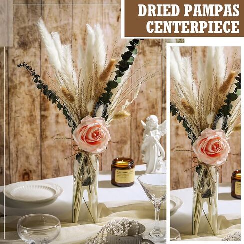 10 Set Dried Pampas Grass Centerpiece for Wedding 10 Clear Glass Jars 10 Artificial Roses 80 Dried Pampas Grass with Rope for Baby Shower Rustic Bridal Party Farmhouse Decoration (Champagne) in Kuwait