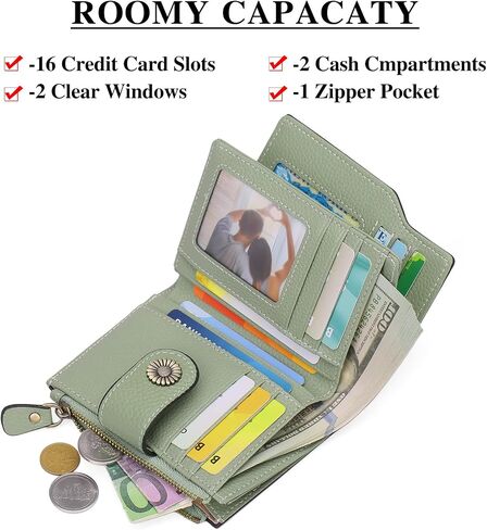 Falan Mule Women's Lightweight Genuine Leather Wallet, Includes Card Holders, RFID-Blocking, Lightweight, Photo & ID Holder, Green in Saudi Arabia