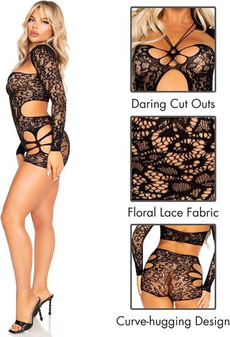Leg Avenue Women’s Black Lingerie Set for Women with Cut-Out Lace Lingerie Romper and Attached Shrug, Black, One Size in Saudi Arabia