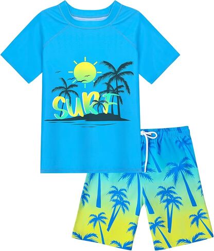 Boys Two Piece Rash Guard Swimsuits Sets Kids Short Sleeve Swim Shirts Bathing Suit with Swim Trunks Swimwear Set in Saudi Arabia