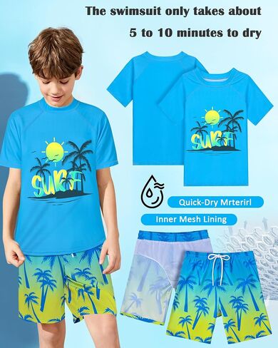 Boys Two Piece Rash Guard Swimsuits Sets Kids Short Sleeve Swim Shirts Bathing Suit with Swim Trunks Swimwear Set in Saudi Arabia