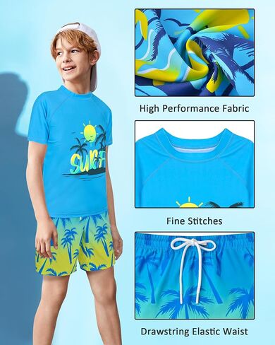 Boys Two Piece Rash Guard Swimsuits Sets Kids Short Sleeve Swim Shirts Bathing Suit with Swim Trunks Swimwear Set in Saudi Arabia