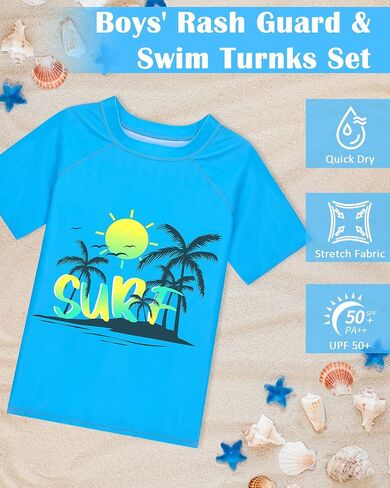 Boys Two Piece Rash Guard Swimsuits Sets Kids Short Sleeve Swim Shirts Bathing Suit with Swim Trunks Swimwear Set in Saudi Arabia
