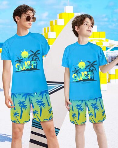 Boys Two Piece Rash Guard Swimsuits Sets Kids Short Sleeve Swim Shirts Bathing Suit with Swim Trunks Swimwear Set in Saudi Arabia