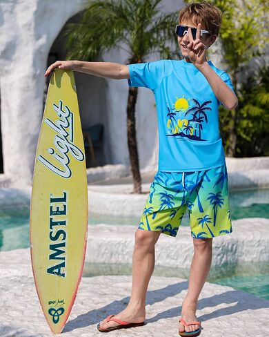 Boys Two Piece Rash Guard Swimsuits Sets Kids Short Sleeve Swim Shirts Bathing Suit with Swim Trunks Swimwear Set in Saudi Arabia