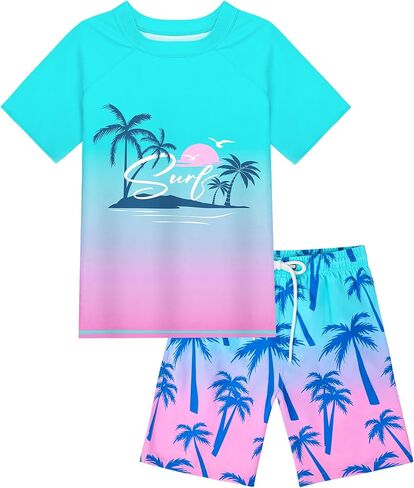 Boys Two Piece Rash Guard Swimsuits Sets Kids Short Sleeve Swim Shirts Bathing Suit with Swim Trunks Swimwear Set in Saudi Arabia