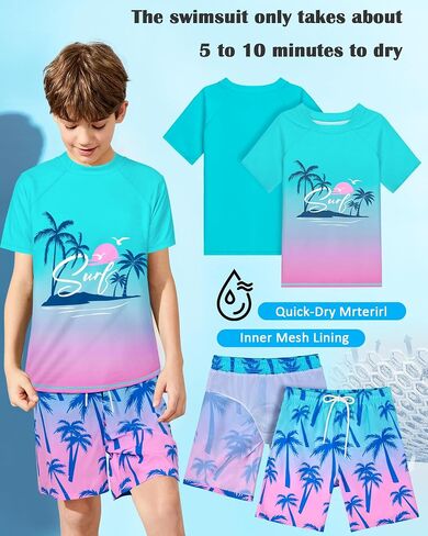 Boys Two Piece Rash Guard Swimsuits Sets Kids Short Sleeve Swim Shirts Bathing Suit with Swim Trunks Swimwear Set in Saudi Arabia