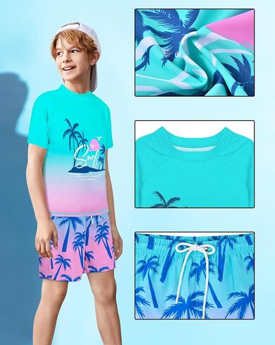 Boys Two Piece Rash Guard Swimsuits Sets Kids Short Sleeve Swim Shirts Bathing Suit with Swim Trunks Swimwear Set in Saudi Arabia