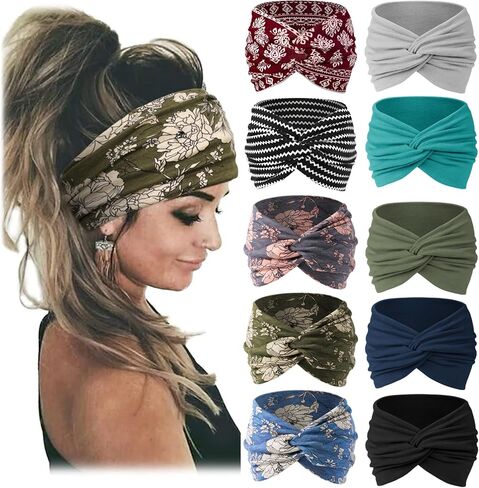 Jesries 10 PCS Women Headbands African Wide Hair Wrap Extra Turban Head Bands for Lady Large Sport Workout Stretch Non-slip Big Hair Bands in Saudi Arabia